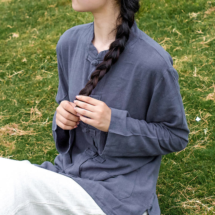 Buddha Stones Solid Color Frog-button Long Sleeve Cotton Linen Women's Shirts With Pockets - LightSteelBlue - US6，UK/AU10，EU38 (XL) - image 24