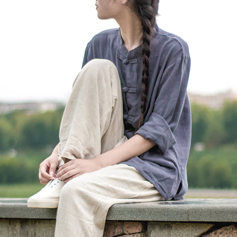 Buddha Stones Solid Color Frog-button Long Sleeve Cotton Linen Women's Shirts With Pockets - image 26