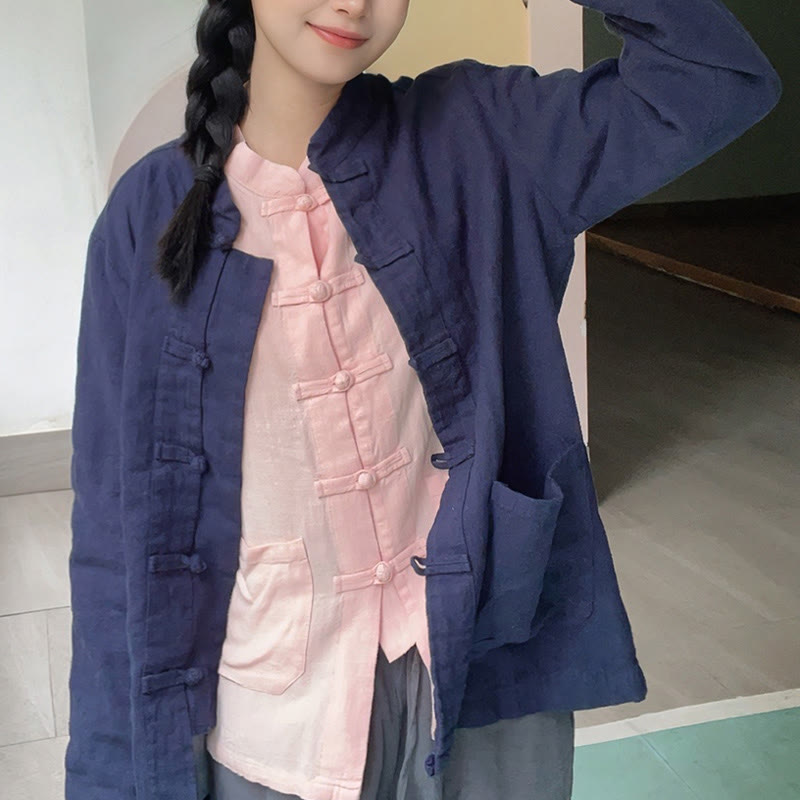 Buddha Stones Solid Color Frog-button Long Sleeve Cotton Linen Women's Shirts With Pockets - image 17