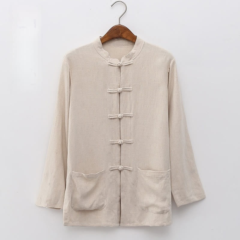 Buddha Stones Solid Color Frog-button Long Sleeve Cotton Linen Women's Shirts With Pockets - OldLace - US8-10，UK/AU12-14，EU40-42 (XL) - image 2