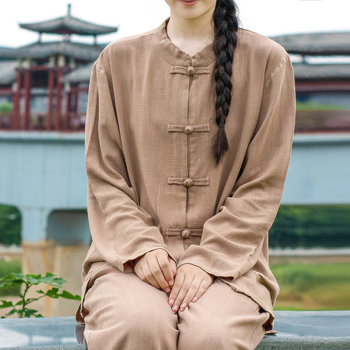 Buddha Stones Solid Color Frog-button Long Sleeve Cotton Linen Women's Shirts With Pockets - BurlyWood - US8-10，UK/AU12-14，EU40-42 (XL) - image 20