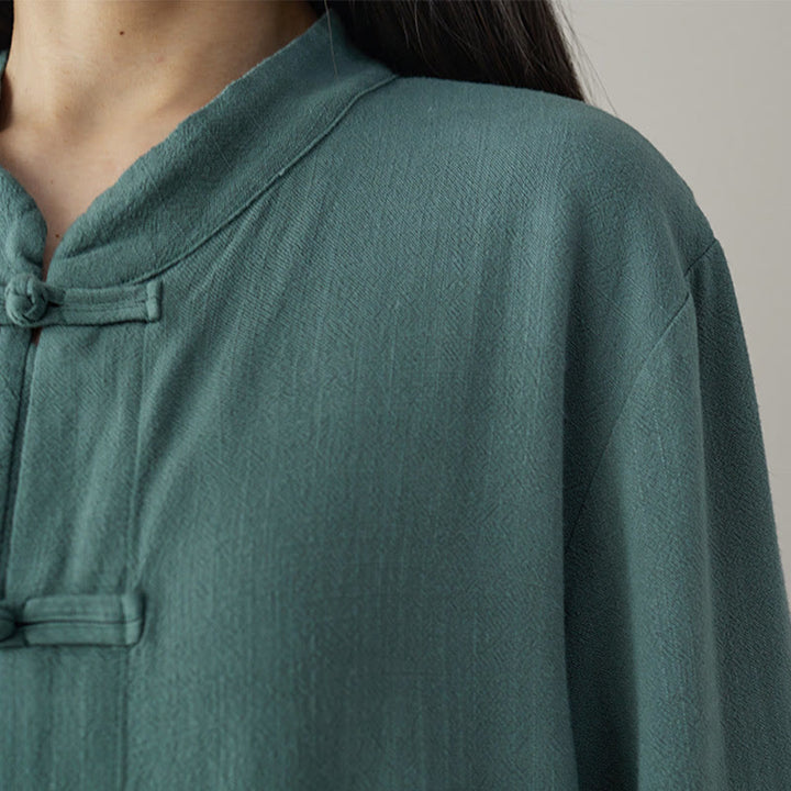 Buddha Stones Solid Color Frog-button Long Sleeve Cotton Linen Women's Shirts With Pockets - image 12