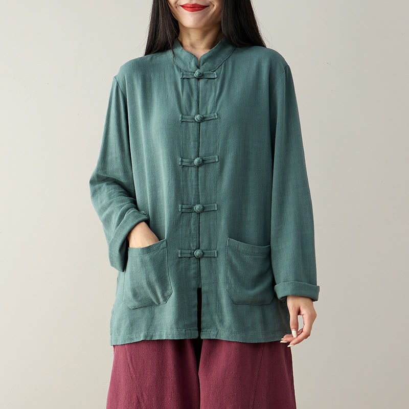 Buddha Stones Solid Color Frog-button Long Sleeve Cotton Linen Women's Shirts With Pockets - image 11