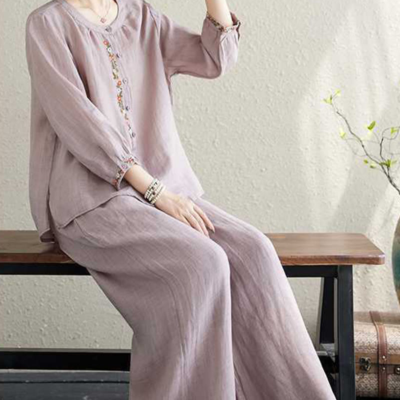 Buddha Stones 2Pcs Cotton Embroidery Flowers Shirt Top Pants Meditation Zen Tai Chi Clothing Women's Set - image 9