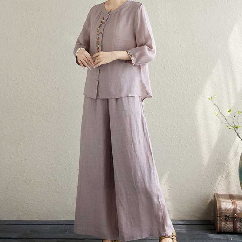 Buddha Stones 2Pcs Cotton Embroidery Flowers Shirt Top Pants Meditation Zen Tai Chi Clothing Women's Set - image 7