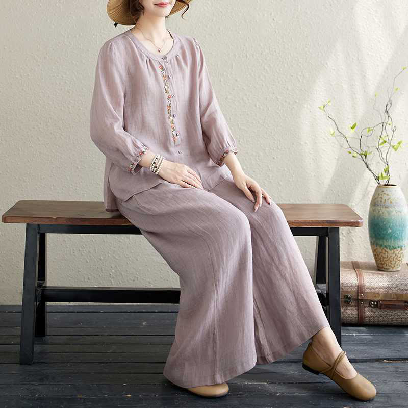 Buddha Stones 2Pcs Cotton Embroidery Flowers Shirt Top Pants Meditation Zen Tai Chi Clothing Women's Set - image 2