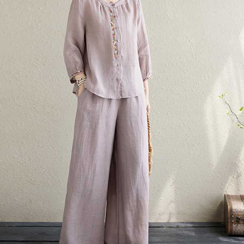 Buddha Stones 2Pcs Cotton Embroidery Flowers Shirt Top Pants Meditation Zen Tai Chi Clothing Women's Set - image 11