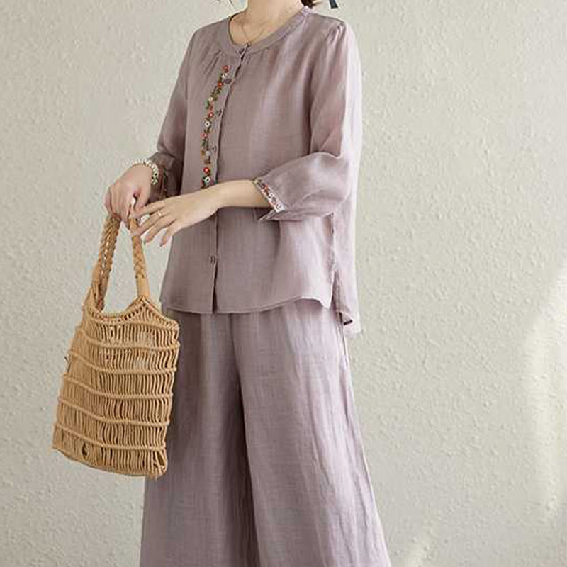 Buddha Stones 2Pcs Cotton Embroidery Flowers Shirt Top Pants Meditation Zen Tai Chi Clothing Women's Set - image 8