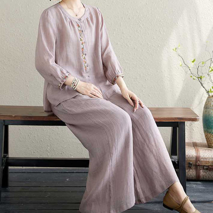 Buddha Stones 2Pcs Cotton Embroidery Flowers Shirt Top Pants Meditation Zen Tai Chi Clothing Women's Set - image 10