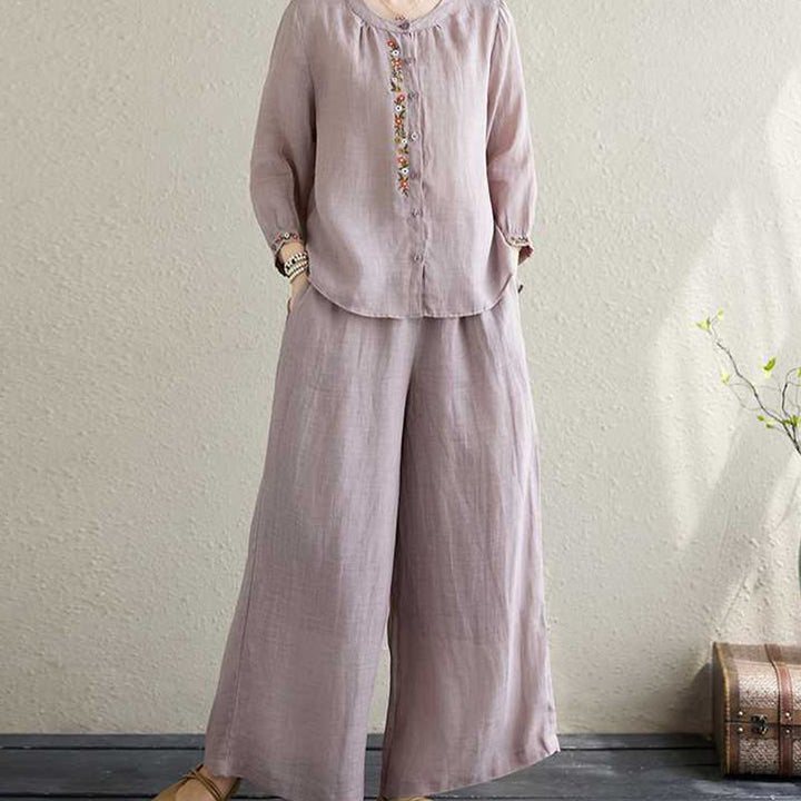 Buddha Stones 2Pcs Cotton Embroidery Flowers Shirt Top Pants Meditation Zen Tai Chi Clothing Women's Set - image 4