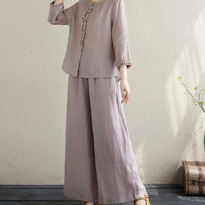 Buddha Stones 2Pcs Cotton Embroidery Flowers Shirt Top Pants Meditation Zen Tai Chi Clothing Women's Set - image 5