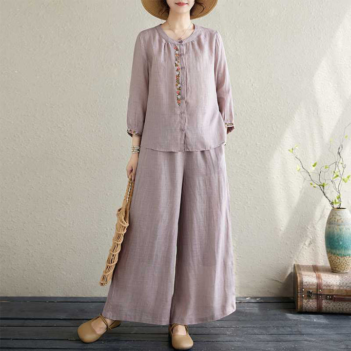 Buddha Stones 2Pcs Cotton Embroidery Flowers Shirt Top Pants Meditation Zen Tai Chi Clothing Women's Set - Thistle - US6，UK/AU10，EU38 (XL) - image 1