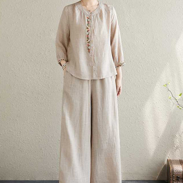 Buddha Stones 2Pcs Cotton Embroidery Flowers Shirt Top Pants Meditation Zen Tai Chi Clothing Women's Set - image 15