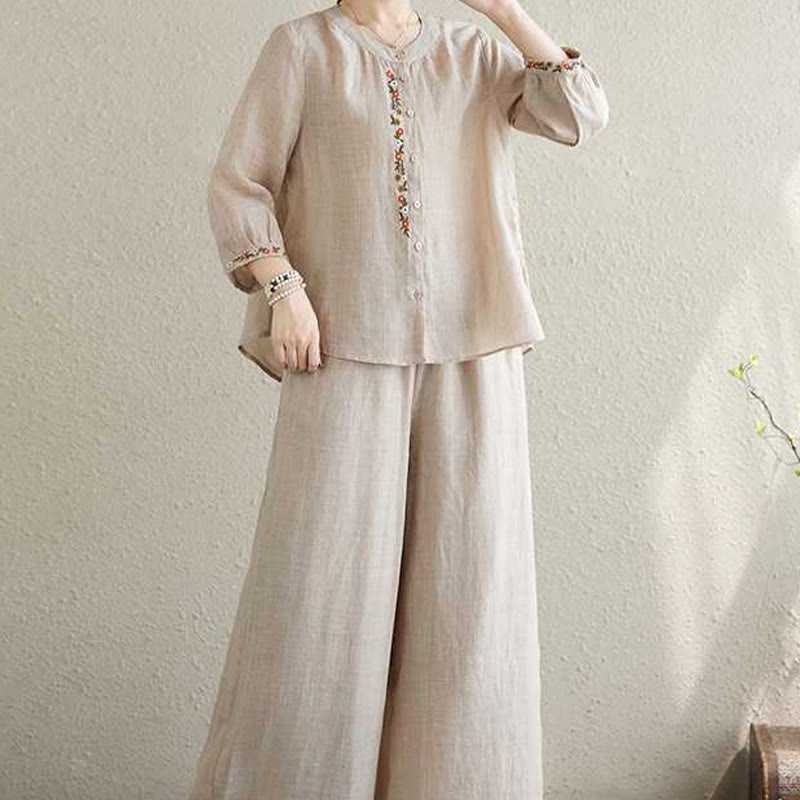 Buddha Stones 2Pcs Cotton Embroidery Flowers Shirt Top Pants Meditation Zen Tai Chi Clothing Women's Set - image 17