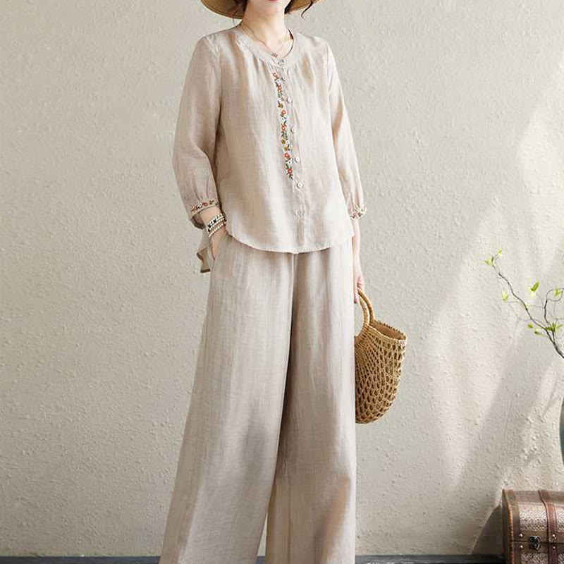 Buddha Stones 2Pcs Cotton Embroidery Flowers Shirt Top Pants Meditation Zen Tai Chi Clothing Women's Set - image 15