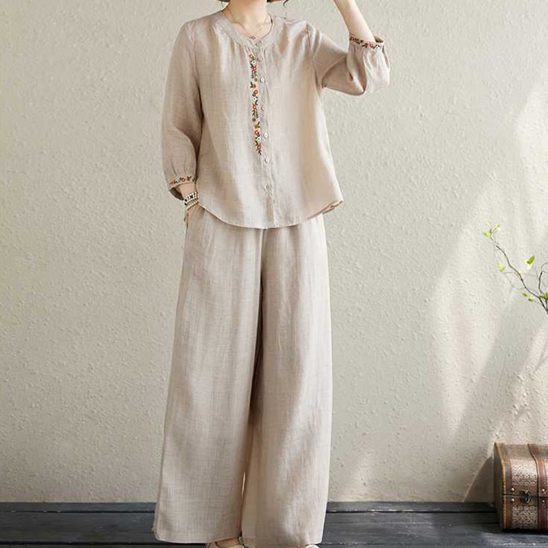 Buddha Stones 2Pcs Cotton Embroidery Flowers Shirt Top Pants Meditation Zen Tai Chi Clothing Women's Set - Beige - US6，UK/AU10，EU38 (XL) - image 12