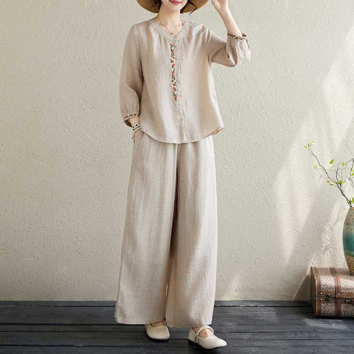 Buddha Stones 2Pcs Cotton Embroidery Flowers Shirt Top Pants Meditation Zen Tai Chi Clothing Women's Set - image 20
