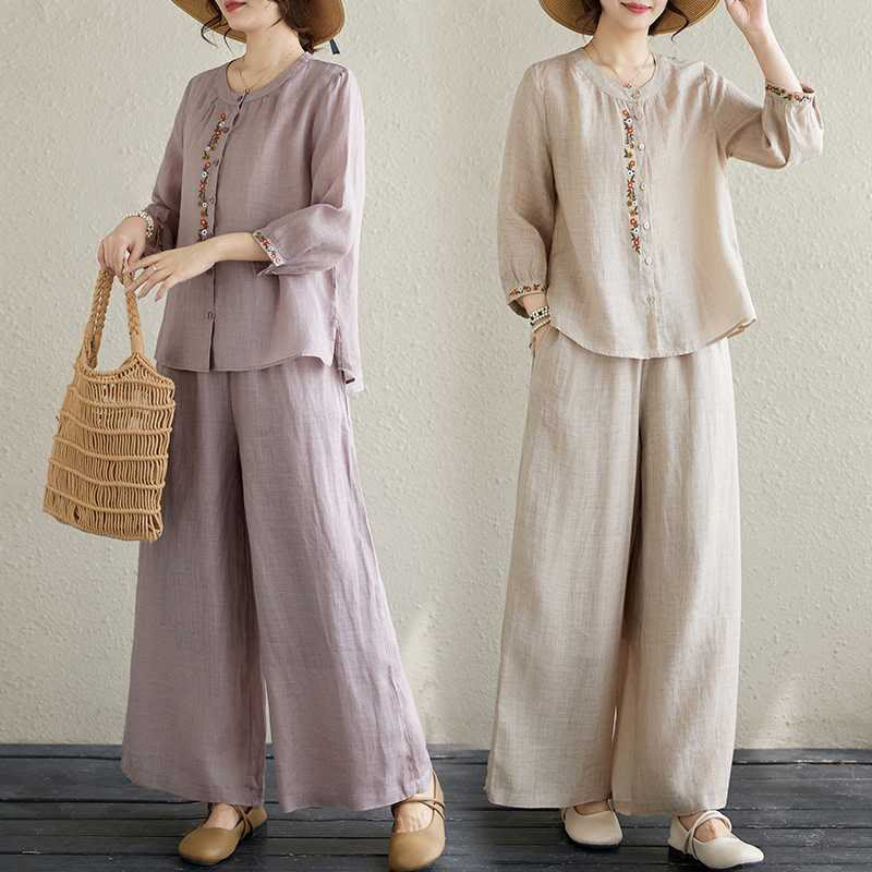 Buddha Stones 2Pcs Cotton Embroidery Flowers Shirt Top Pants Meditation Zen Tai Chi Clothing Women's Set - image 27