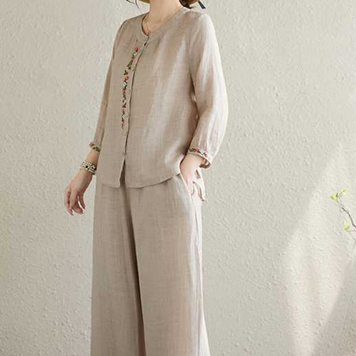 Buddha Stones 2Pcs Cotton Embroidery Flowers Shirt Top Pants Meditation Zen Tai Chi Clothing Women's Set - image 14