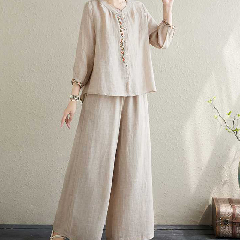 Buddha Stones 2Pcs Cotton Embroidery Flowers Shirt Top Pants Meditation Zen Tai Chi Clothing Women's Set - image 19