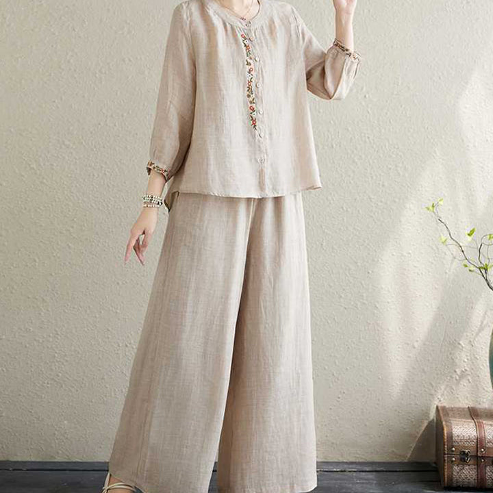 Buddha Stones 2Pcs Cotton Embroidery Flowers Shirt Top Pants Meditation Zen Tai Chi Clothing Women's Set - image 19