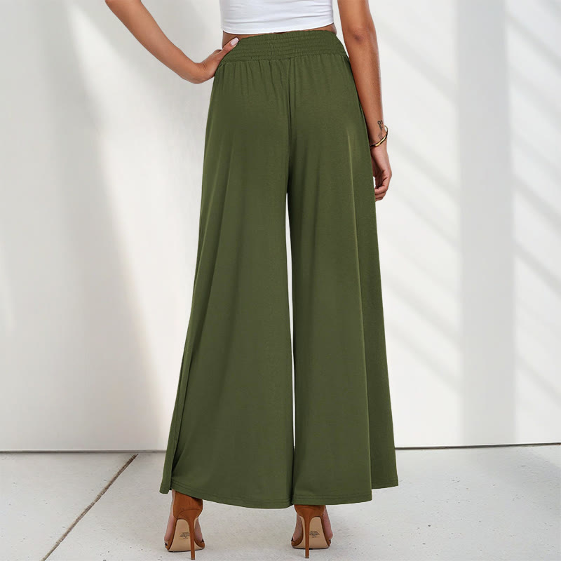 Buddha Stones Casual High Waist Plain Loose Women's Polyester Wide Leg Pants With Pockets