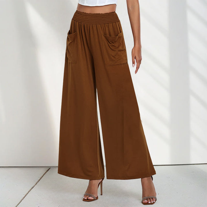 Buddha Stones Casual High Waist Plain Loose Women's Polyester Wide Leg Pants With Pockets - SaddleBrown - US12，UK/AU16，EU44 (2XL) - image 7
