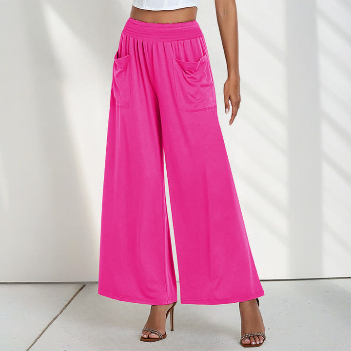 Buddha Stones Casual High Waist Plain Loose Women's Polyester Wide Leg Pants With Pockets