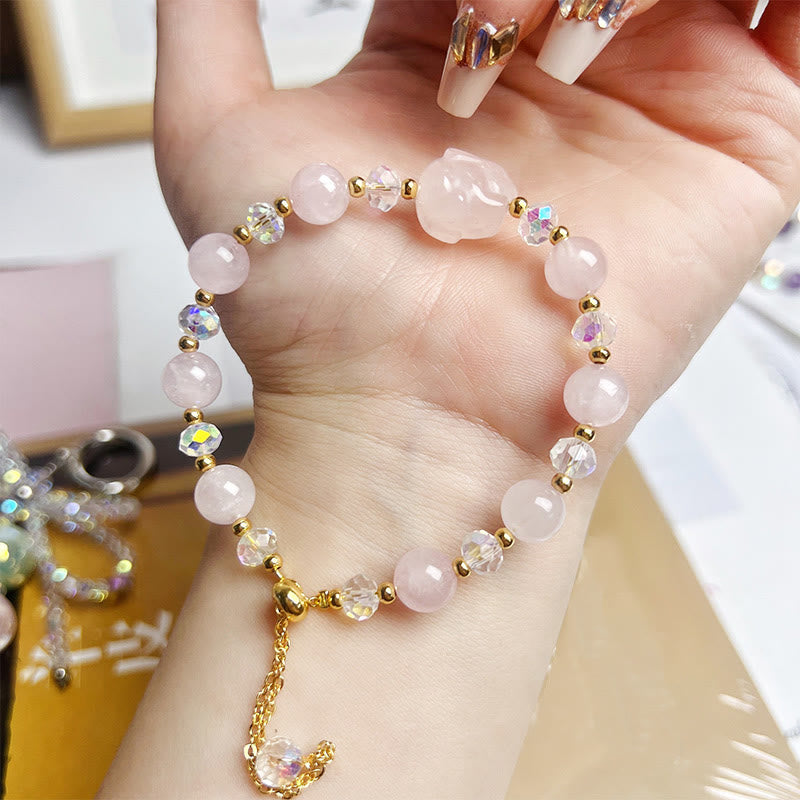 Buddha Stones Rose Quartz Crystal Rabbit Healing Chain Bracelet