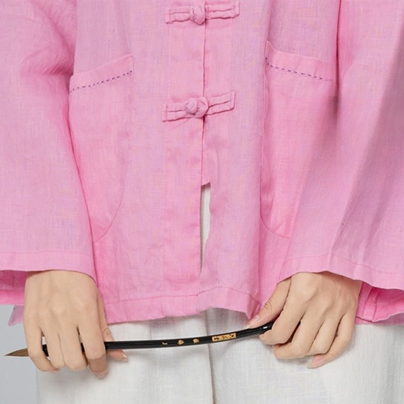 Buddha Stones Solid Color Frog-button Long Sleeve Linen Women's Shirts With Pockets - image 5