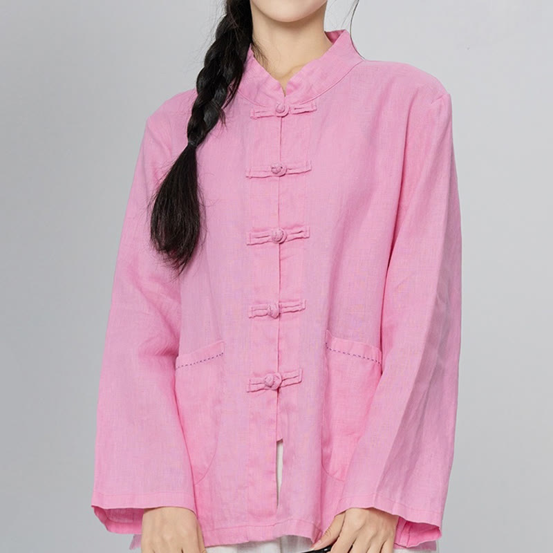 Buddha Stones Solid Color Frog-button Long Sleeve Linen Women's Shirts With Pockets - LightPink - US4，UK/AU8，EU36 (L) - image 0