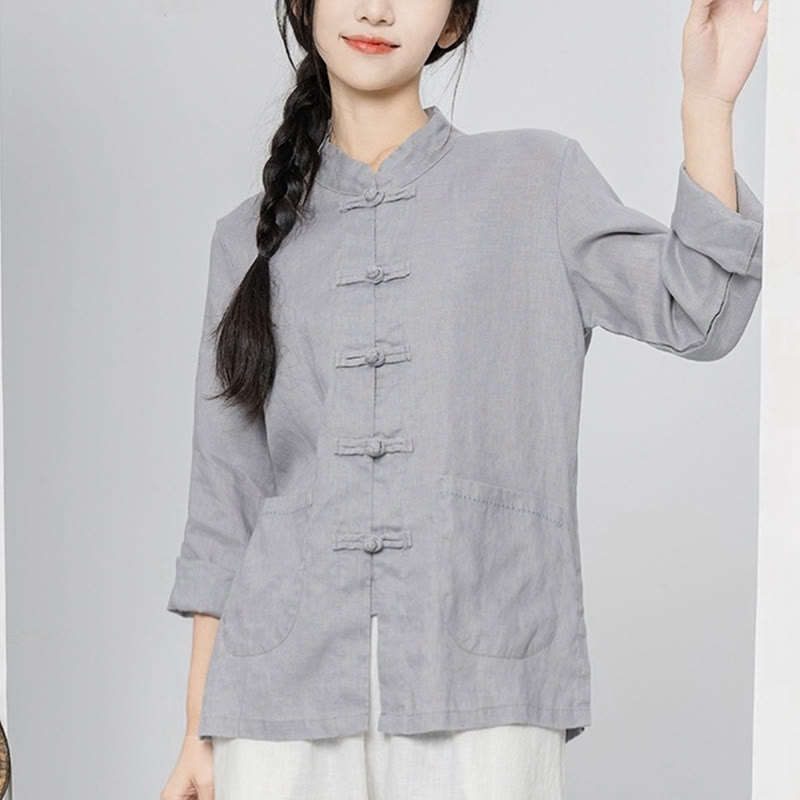 Buddha Stones Solid Color Frog-button Long Sleeve Linen Women's Shirts With Pockets