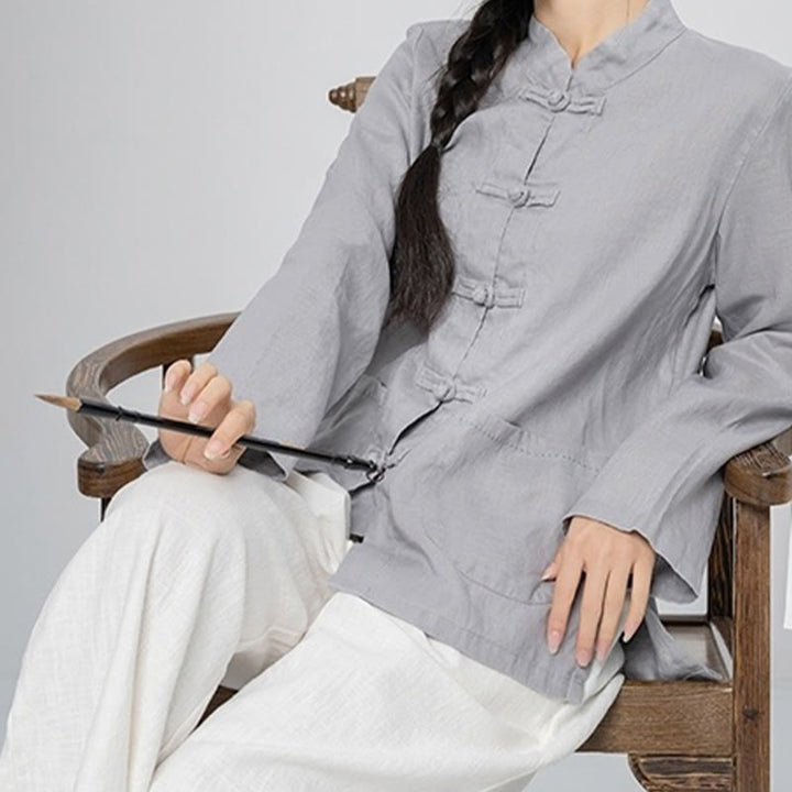 Buddha Stones Solid Color Frog-button Long Sleeve Linen Women's Shirts With Pockets - image 9