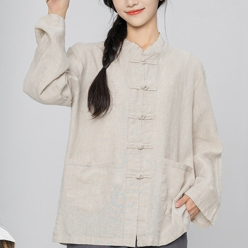 Buddha Stones Solid Color Frog-button Long Sleeve Linen Women's Shirts With Pockets - image 13