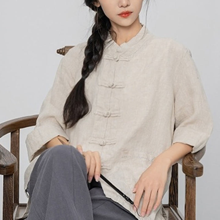 Buddha Stones Solid Color Frog-button Long Sleeve Linen Women's Shirts With Pockets - image 16