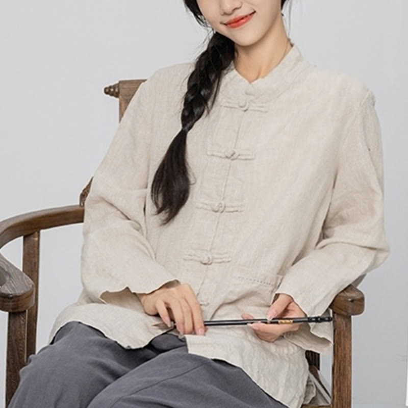 Buddha Stones Solid Color Frog-button Long Sleeve Linen Women's Shirts With Pockets - image 15