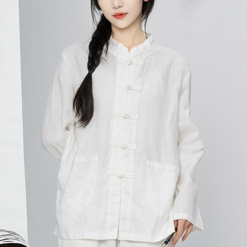 Buddha Stones Solid Color Frog-button Long Sleeve Linen Women's Shirts With Pockets - White - US4，UK/AU8，EU36 (L) - image 20