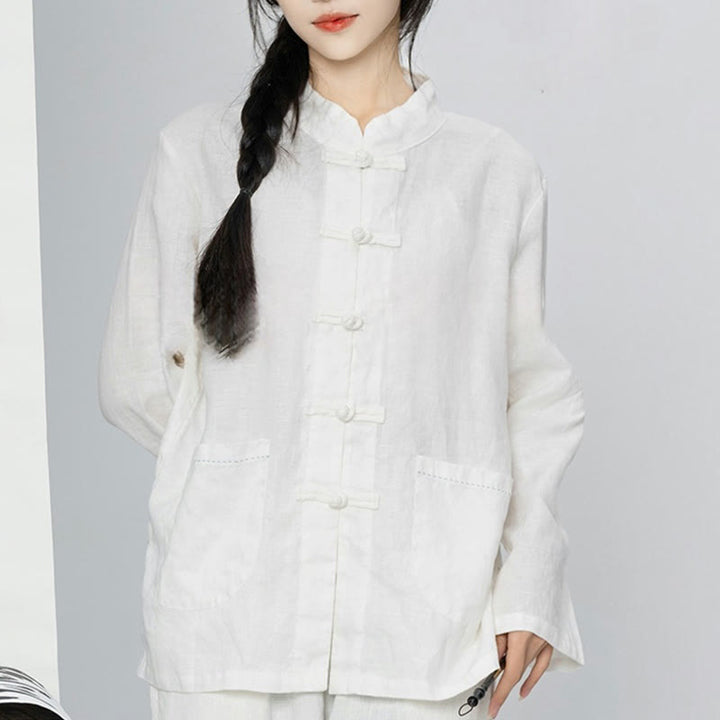 Buddha Stones Solid Color Frog-button Long Sleeve Linen Women's Shirts With Pockets - image 23