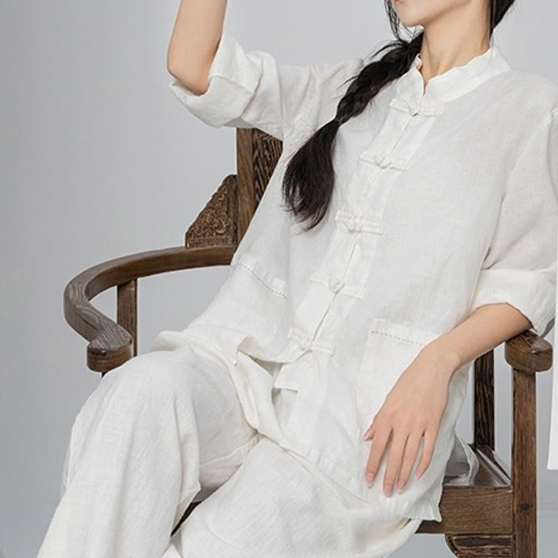 Buddha Stones Solid Color Frog-button Long Sleeve Linen Women's Shirts With Pockets - image 21