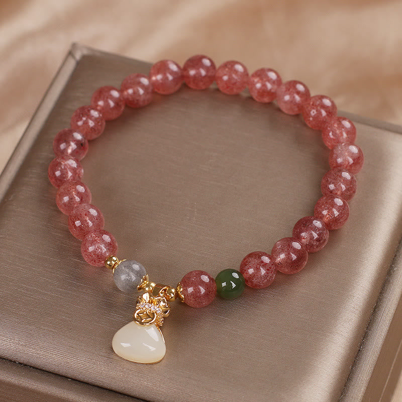 Buddha Stones Natural Strawberry Quartz Money Bag Charm Positive Bracelet