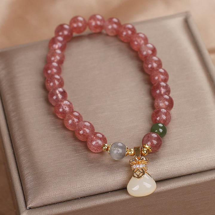 Buddha Stones Natural Strawberry Quartz Money Bag Charm Positive Bracelet