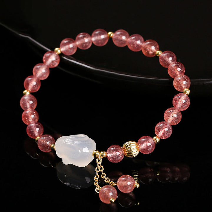 Buddha Stones Natural Strawberry Quartz Agate Rabbit Healing Bracelet