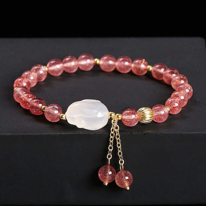 Buddha Stones Natural Strawberry Quartz Agate Rabbit Healing Bracelet