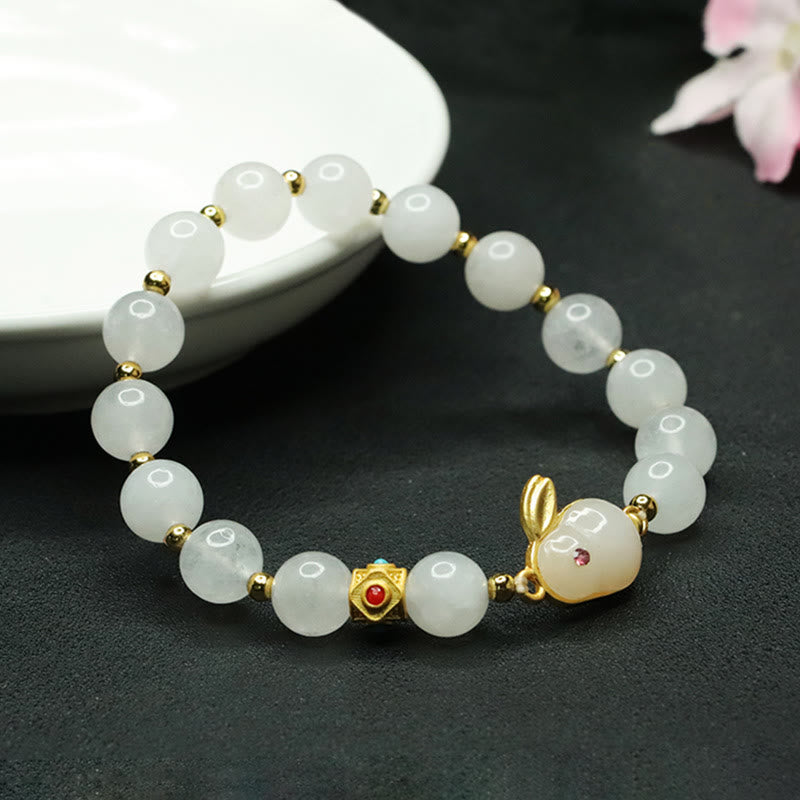 Buddha Stones Golden Silk Jade Cute Rabbit Luck Bracelet