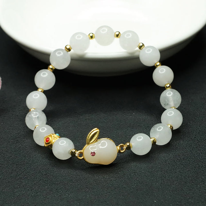 Buddha Stones Golden Silk Jade Cute Rabbit Luck Bracelet