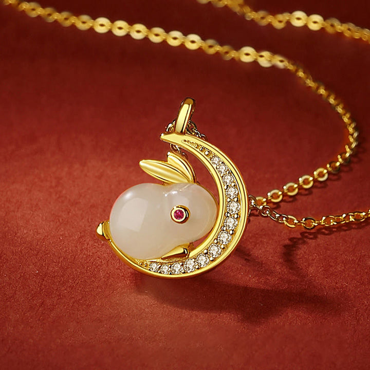 Buddha Stones 925 Sterling Silver Hetian White Jade Rabbit Crescent Moon Luck Necklace Pendant - image 1