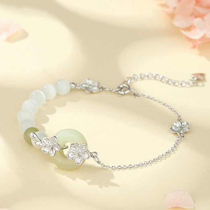 Buddha Stones 999 Sterling Silver Natural Hetian Jade Peace Buckle Peach Blossom Luck Bracelet - Silver(Wrist Circumference 14-20cm) - image 11