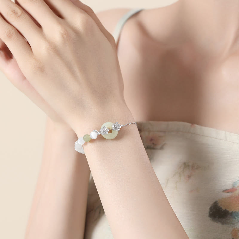 Buddha Stones 999 Sterling Silver Natural Hetian Jade Peace Buckle Peach Blossom Luck Bracelet - image 13