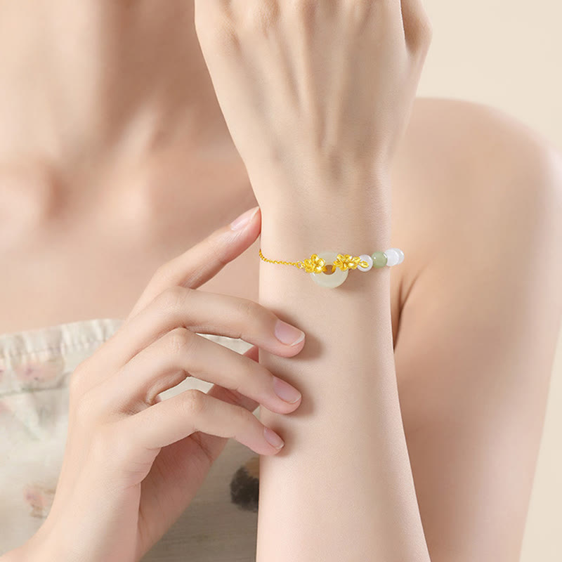 Buddha Stones 999 Sterling Silver Natural Hetian Jade Peace Buckle Peach Blossom Luck Bracelet - image 3