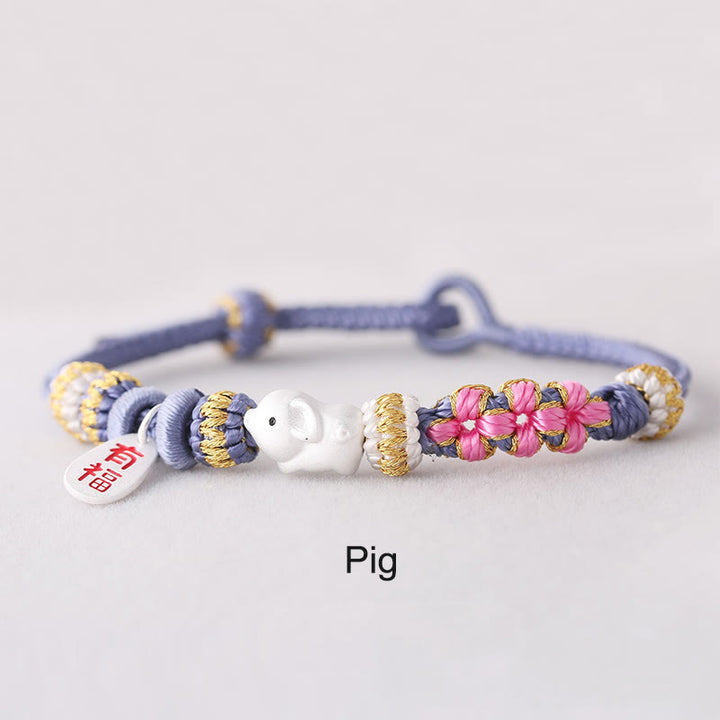 Buddha Stones Handmade Chinese Zodiac Fu Character Fortune Luck Rope Braided Bracelet